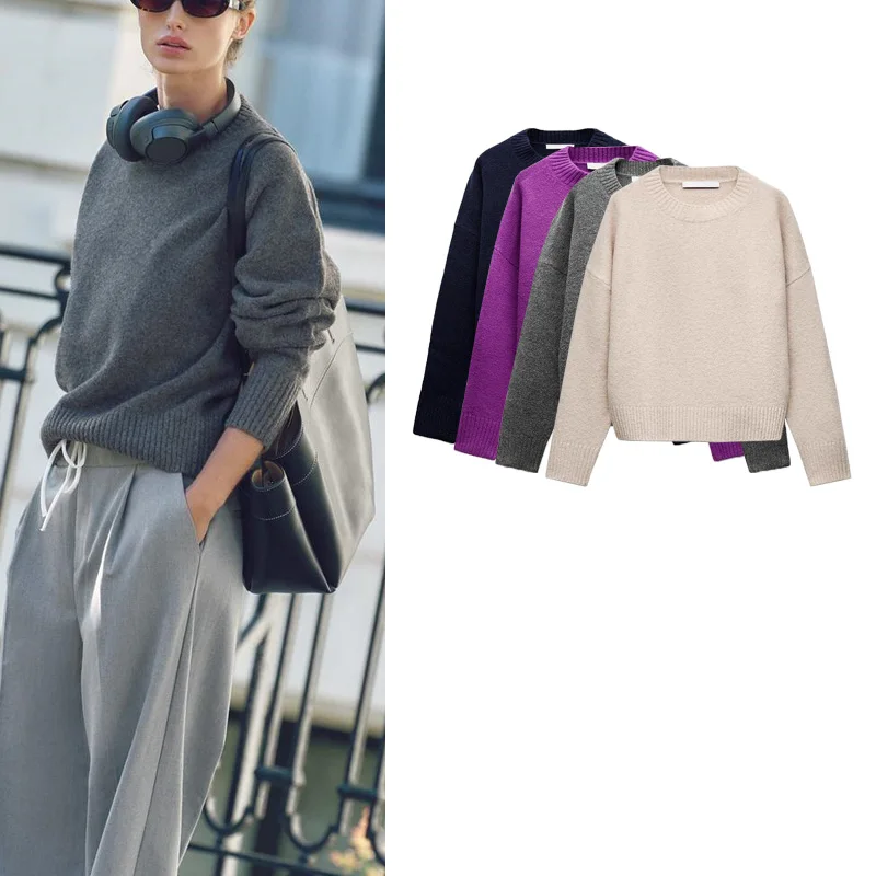 

Простой вязаный свитер с длинными рукавами и круглым вырезом, мягкий, из тонкой вязки, осенне-зимняя новинка, женская модная одежда из полиэстера