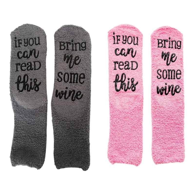 Women Winter Fuzzy Plush Slipper Crew Socks If You Can Read This Bring Me Some Wine Phrase Warm Hosiery Funny Gifts with Cupcake