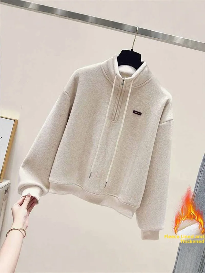 

Thickened Fleece Hoodie Women's Autumn Winter New Fashion College Style Half Zipper Stand Collar All-In-One Velvet Top Coat