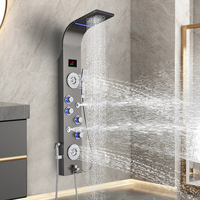 Thermostatic Stainless Steel Shower Panel Set Temperature Display Rainfall Head Handheld Sprayer Home Bathroom Collection