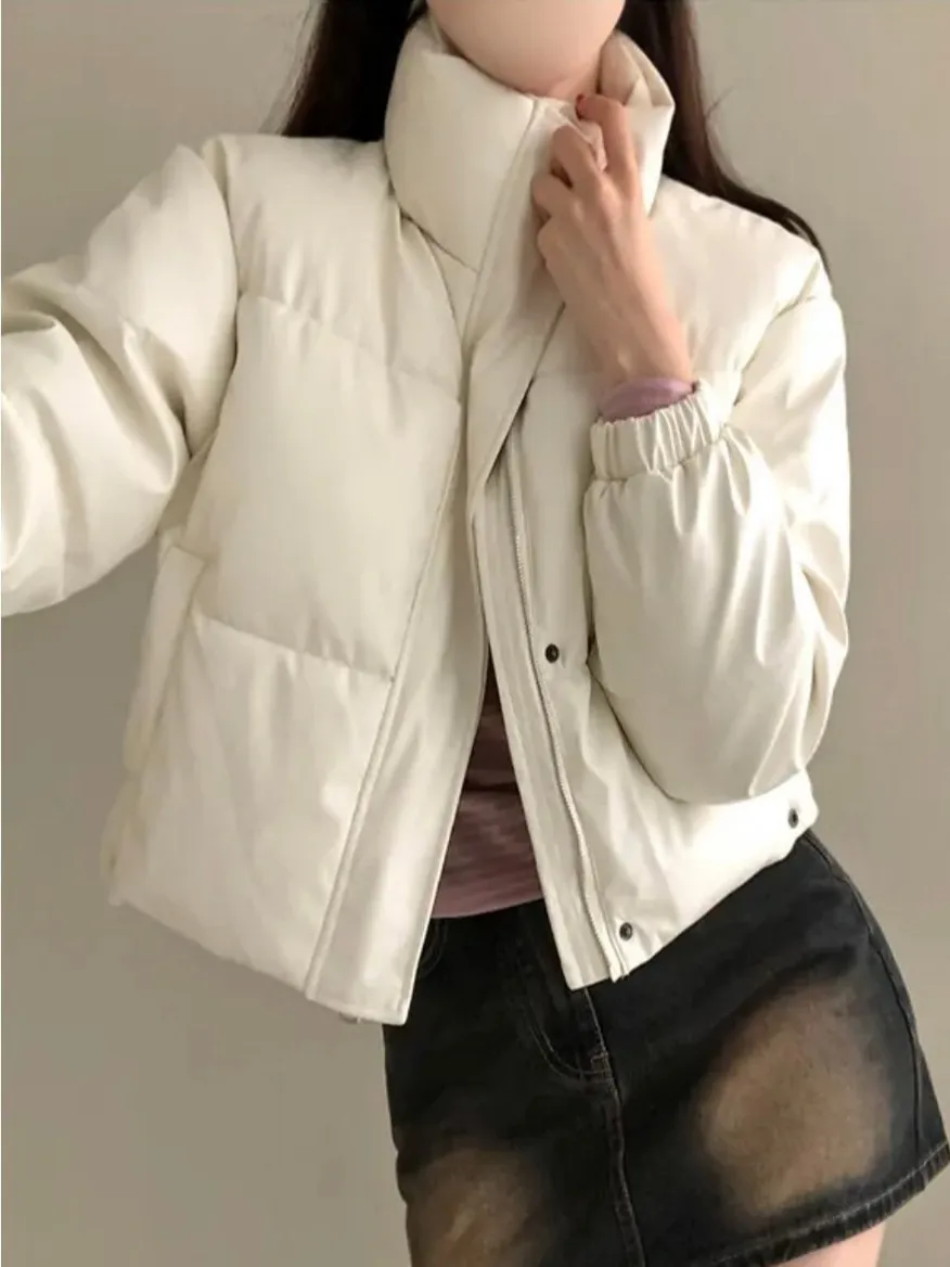 

Korean Style Women's Cotton Jacket PU Leather Short Thickened Winter New Loose Versatile Bread Style Cotton Coat Outerwear