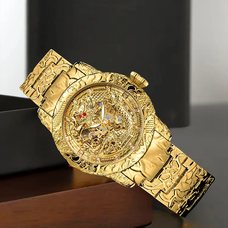 A Men's Yellow Business Style Noble Carved Dragon Pattern Fully Automatic Tourbillon Mechanical Watch