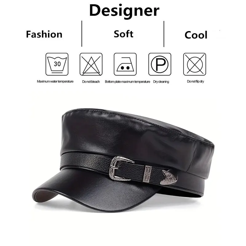 Fashion Women Large Belt Buckle Leather Hat Spring Autumn Sailor Hats Black Ladies Beret Caps Men Flat Top Captain Military Caps