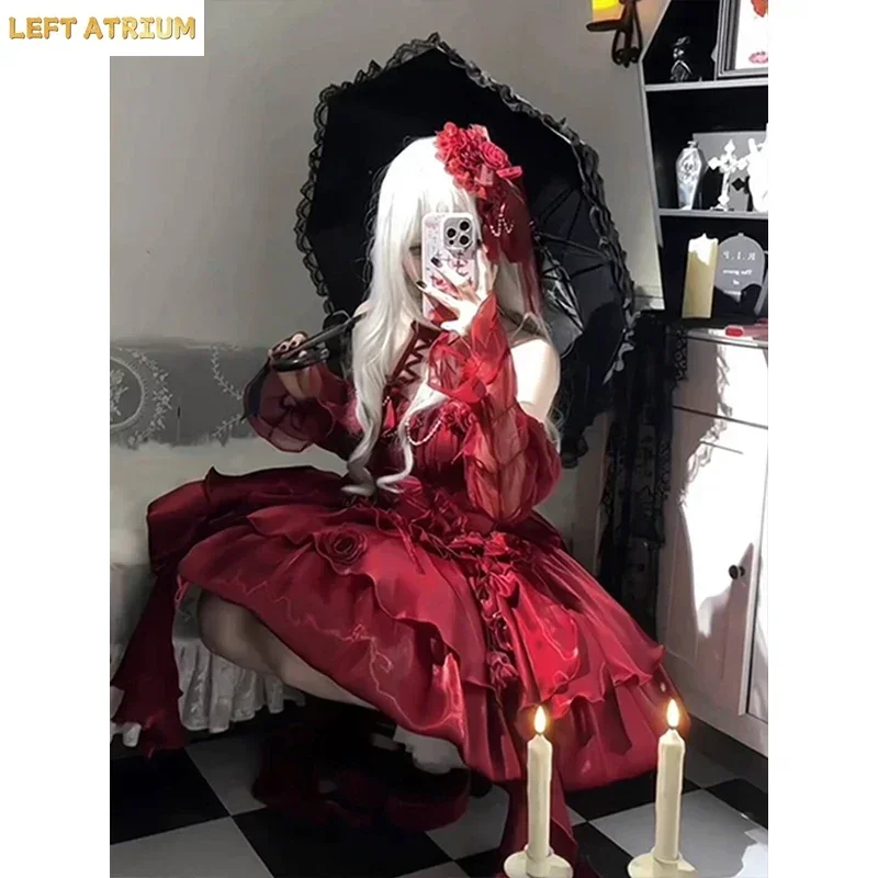 

2025 Summer Women's High Waist Slim Pearl Chain Halter Sleeveless Princess Suspender Dress Gothic Mini DressesRed Lolita Dress
