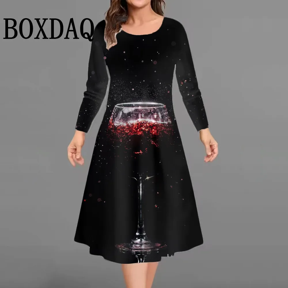 

Женское платье, рождественское платье с длинным рукавом, большие размеры, рождественское повседневное свободное платье с принтом бокала для вина, Vestidos для женщин, осенне-зимняя одежда