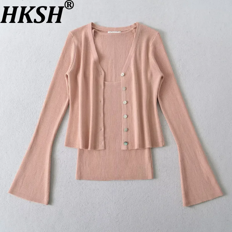 

HKSH осенний новый женский вязаный комплект из двух предметов с расклешенными рукавами, однобортный свитер, кардиган, однотонный жилет, элегантный прилив HK16116