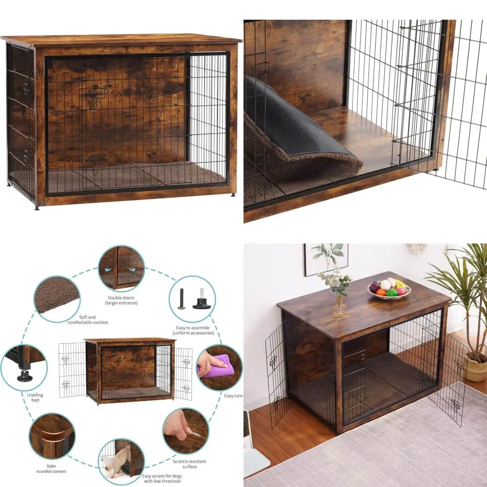 

Extra Large Wooden Dog Crate with Cushion and Double Doors, Indoor Dog House, 43.3 L, Rustic Style