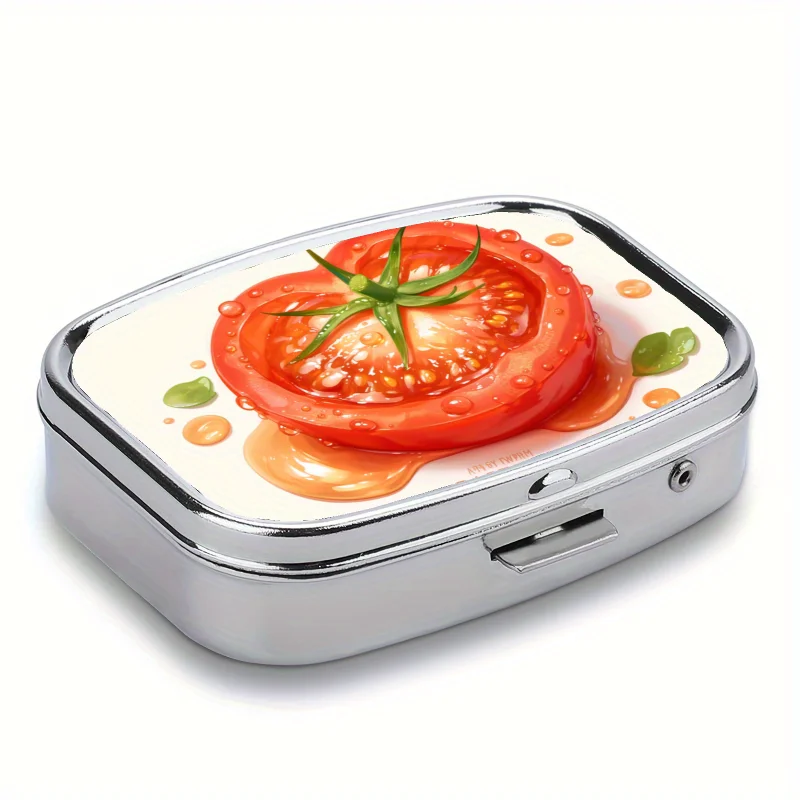 Portable Tomato Pill Storage Box with 2 Compartments - Metal Medicine and Vitamin Storage Box for Purse or Pocket - Travel Gift