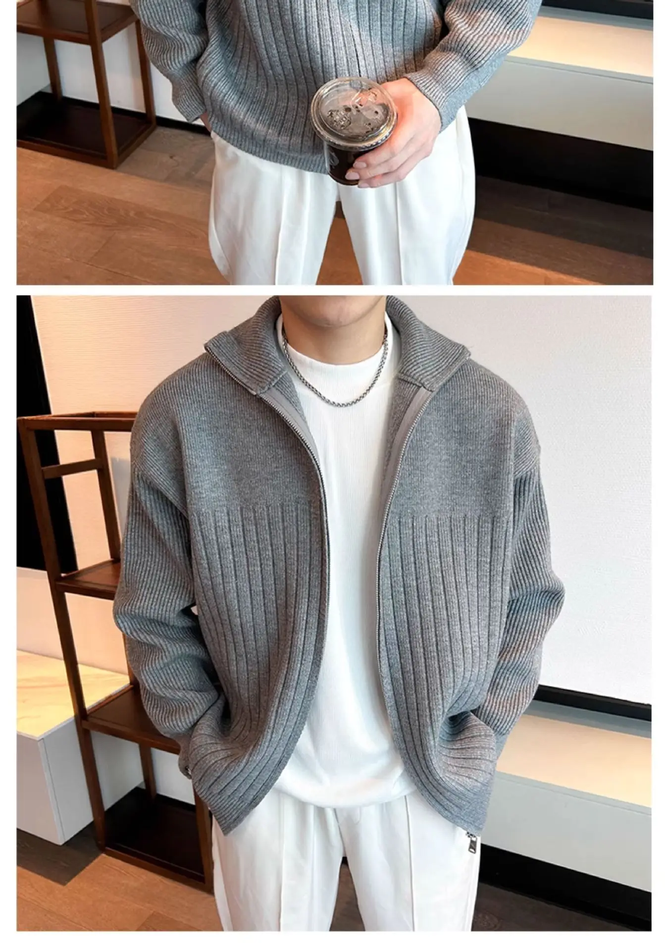 Herren Herbst Winter Gestreifter Cardigan Pullover Jungen Studenten Warme Jacke Herren Casual Pendlerjacke Weiche Bequeme Strickware – Detail 12