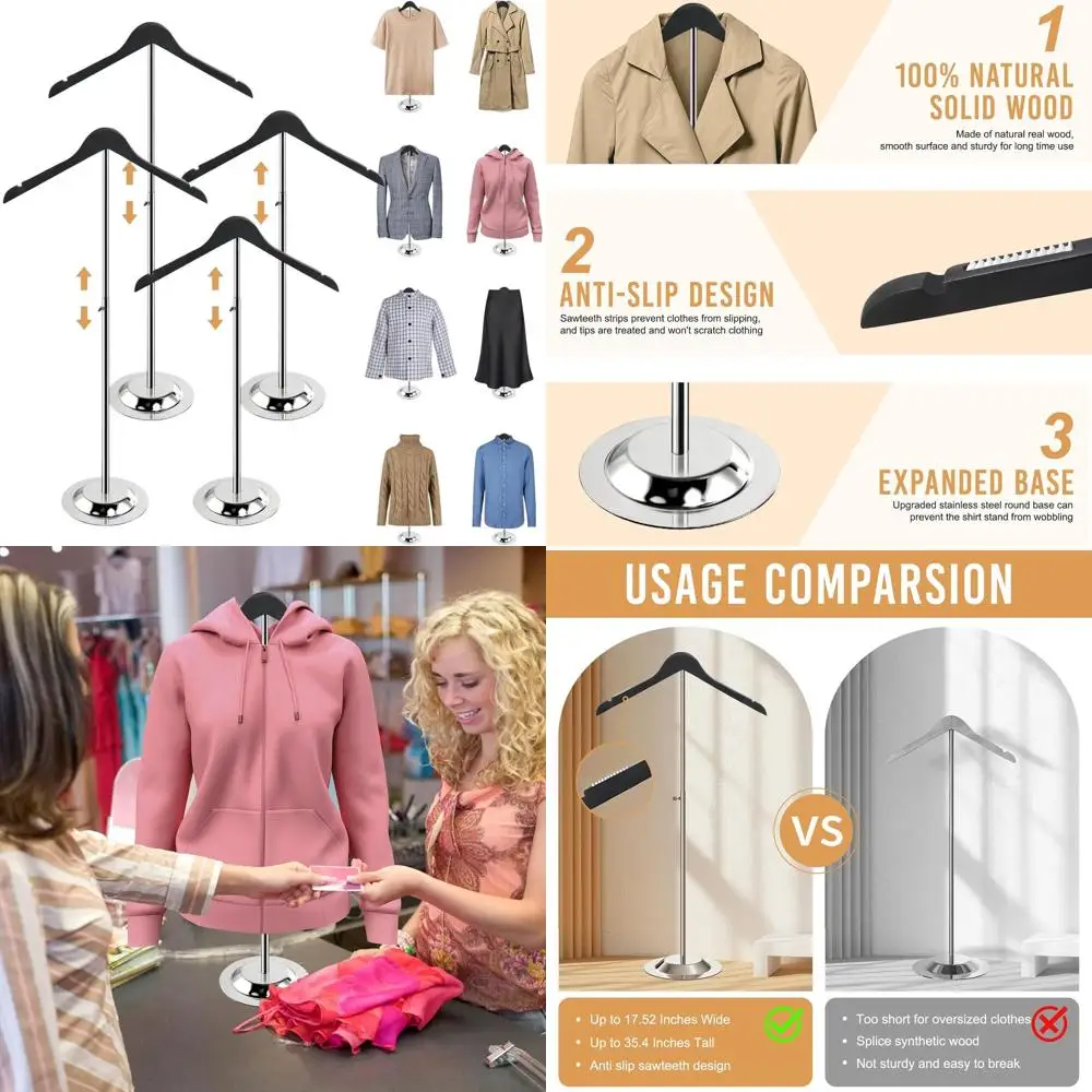 

Adjustable 20-35 Inch T-Shirt Display Stand for Clothing Retail, 4 Wooden Black Racks