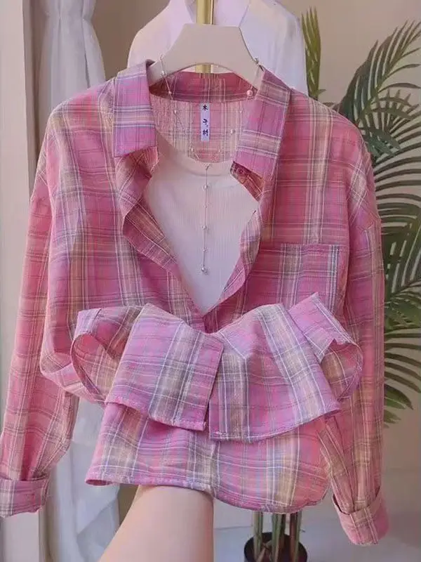 Bleu Plaid femmes irt mince respirant Long Sve été paresseux Sle Faionable vêtements d'extérieur conception coréenne coupe ample Polyester