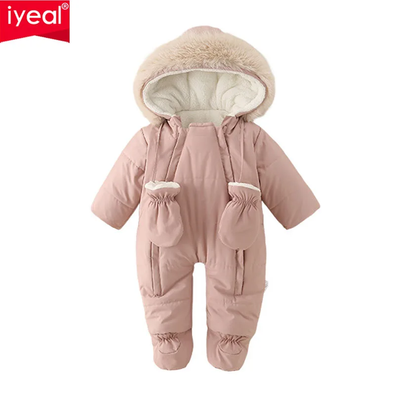 

IYEAL для малышей, новинка зимы 2025, милая верхняя одежда с капюшоном, комбинезон для маленьких мальчиков и девочек, плотный флисовый комбинезон с запахом ног