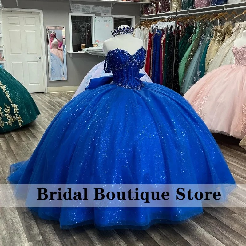 Royal Blue Princess Quinceanera Dresses With Bow Bead Crystals Beaded Luxury 16th Birthday Prom Corset Gown Ball Gown