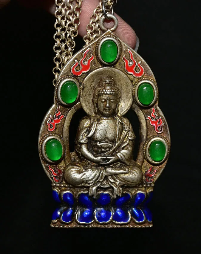 

Old Chinese Silver enamel Green Jade Shakyamuni Necklace Pendant Amulet