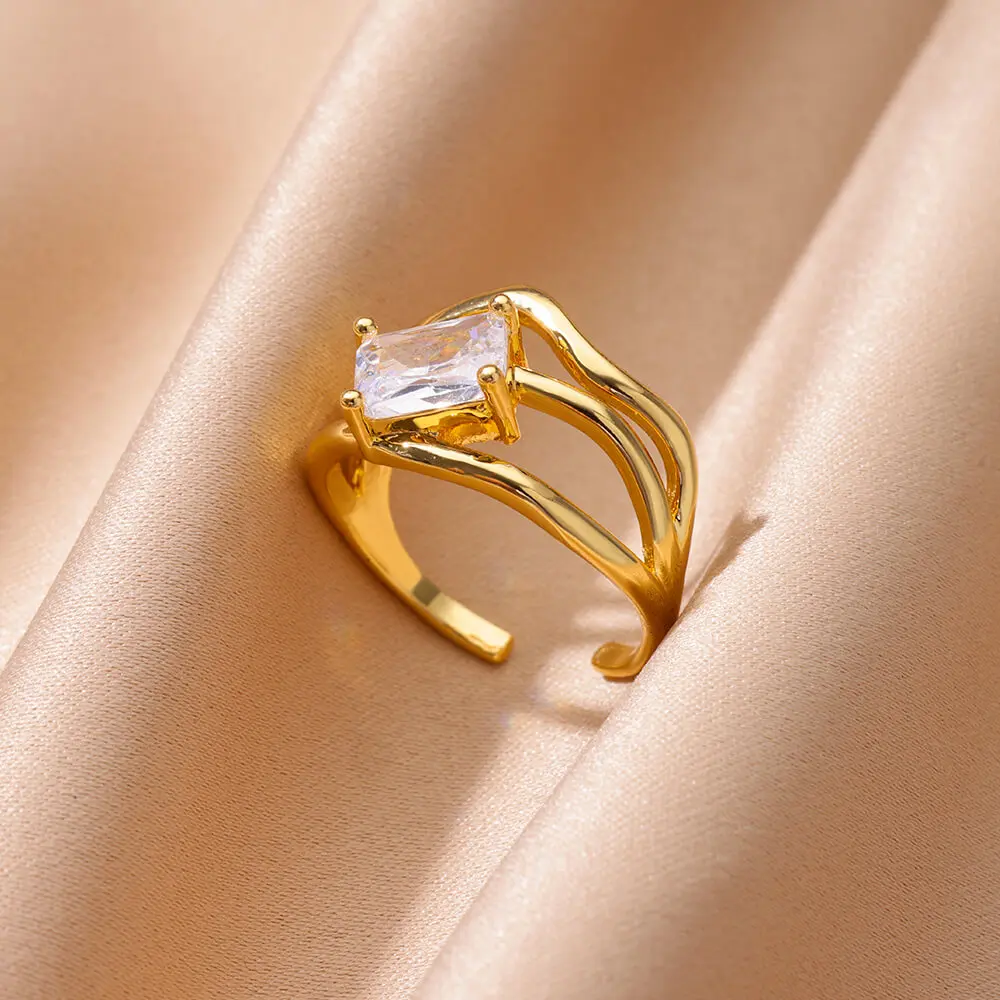 Rectangle Zircon Rings for Women Opening Stainless Steel Ring 2024 Trend Couple Wedding Ring Waterproof Jewelry