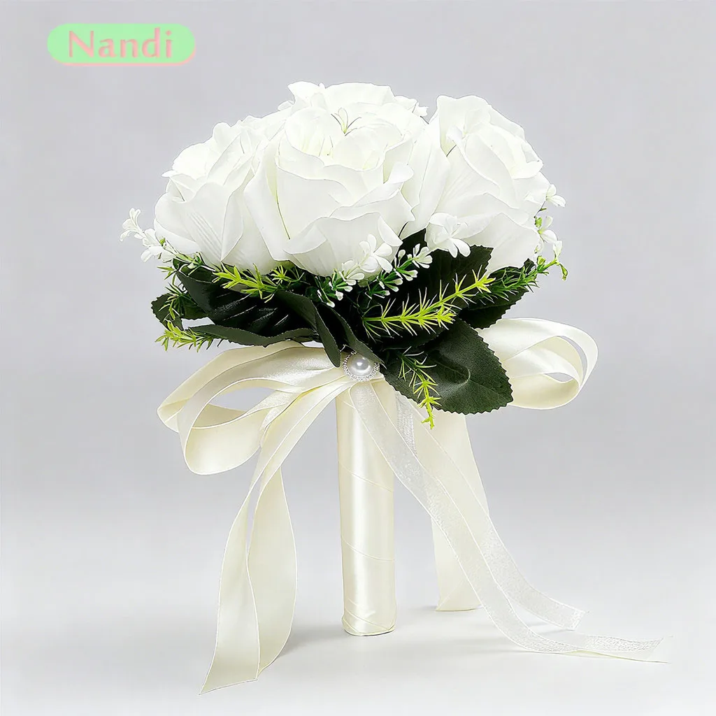 

24 см белый искусственный свадебный букет, реалистичные искусственные цветы для невесты, свадебный душ, помолвка, свадебный декор