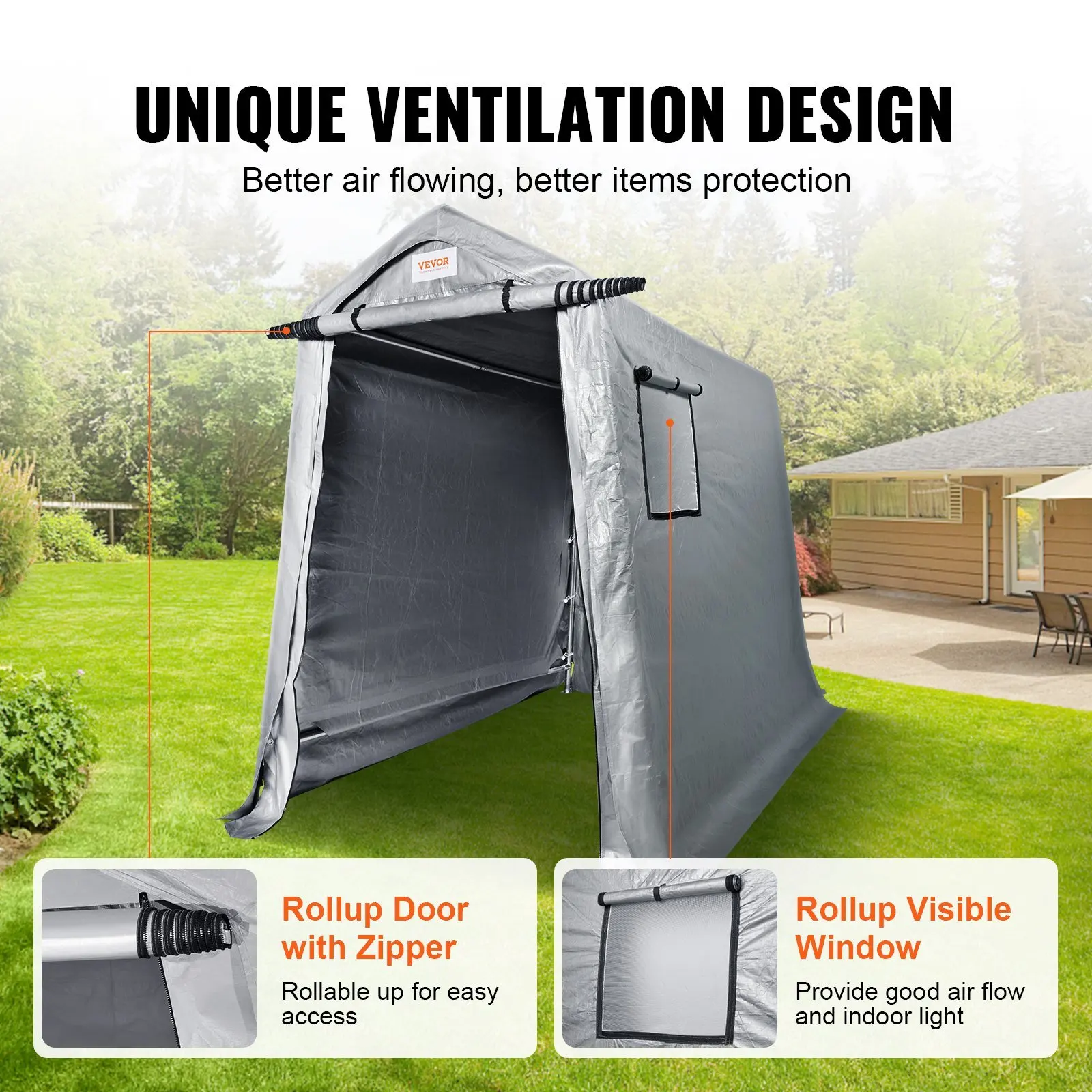 Portable Shed Outdoor Storage Shelter, Tent Tarp Sheds with Roll-up Zipper Door and Ventilated Windows For Motorcycle,