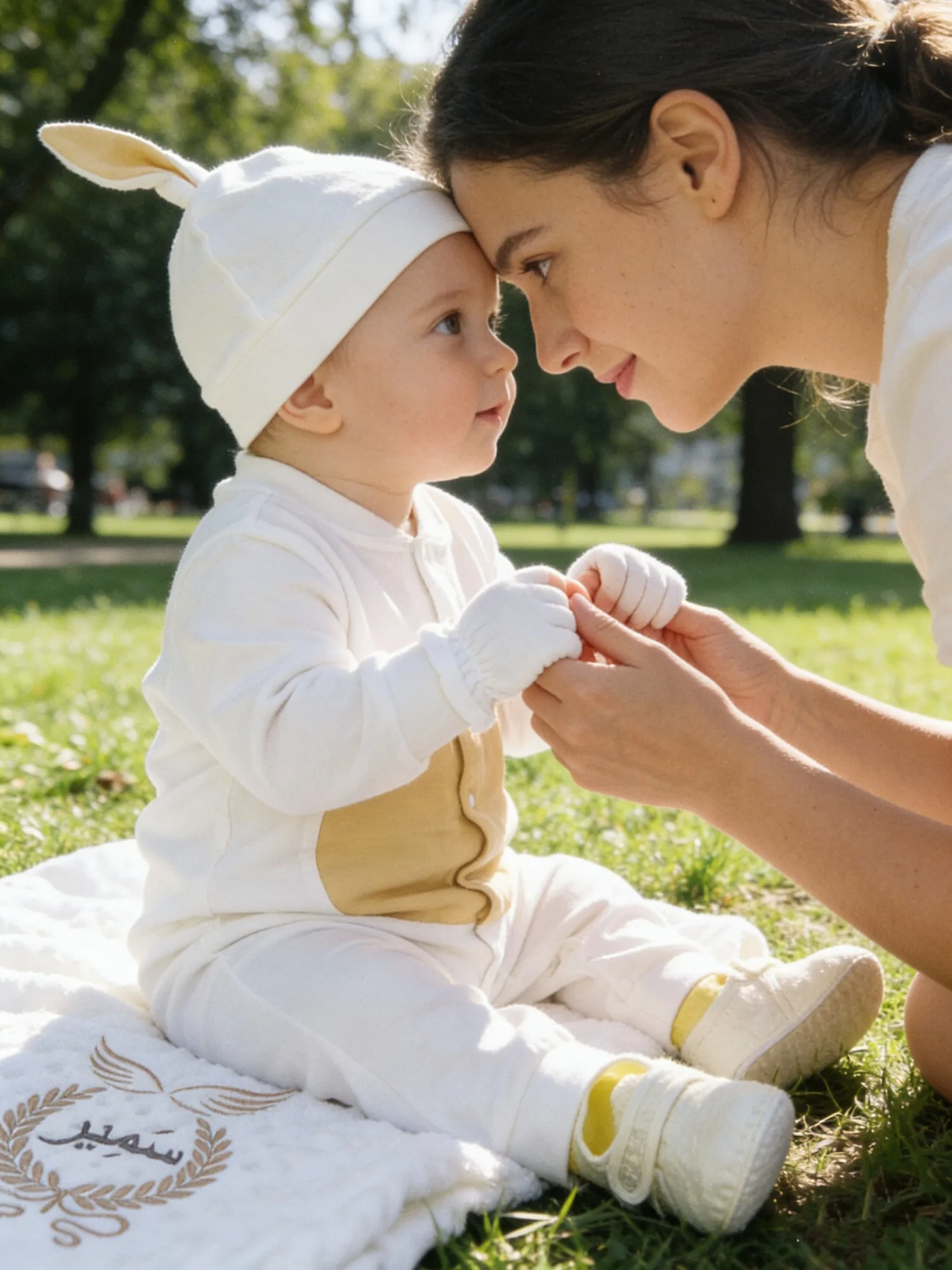 新生児の男の子用中東風衣装セット-名前入り＆羽根付きクリーム色ロンパース（命名式用）
