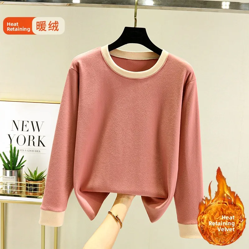 

Thiened Fce Long Sve T-irt Women's Autumn Winter round Ne Base irt Heating Velvet Brued Inner Wear Commute Sle
