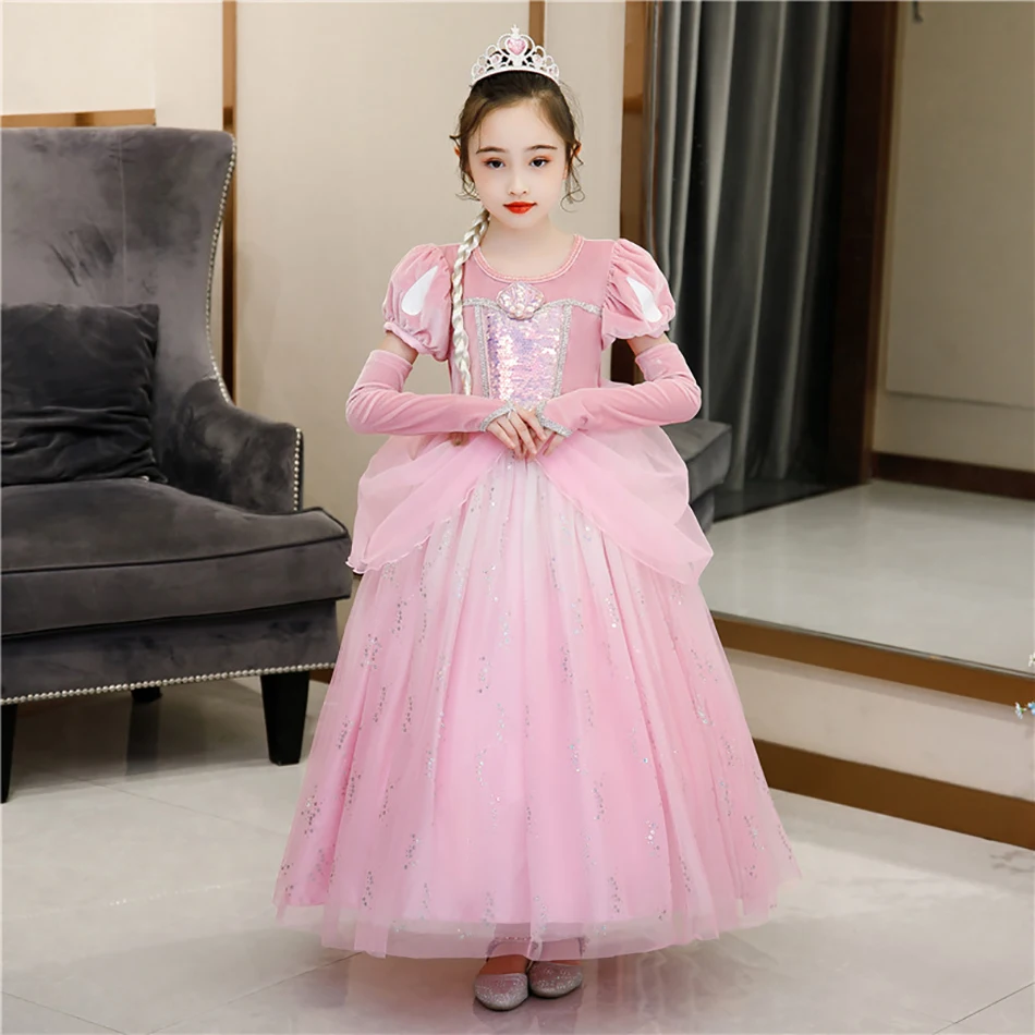 Princess Party Ball Gown for Girls The Little Mermaid Deluxe Carnival Ariel Cosplay Costume Children Pink Birthday Fantasy Robes