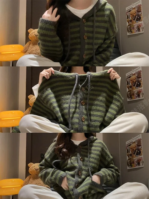 

Korean Style Striped Lazy Style Hooded Single Button Knitted Open Cardigan Women's Autumn Winter Loose High End Sweater Jacket