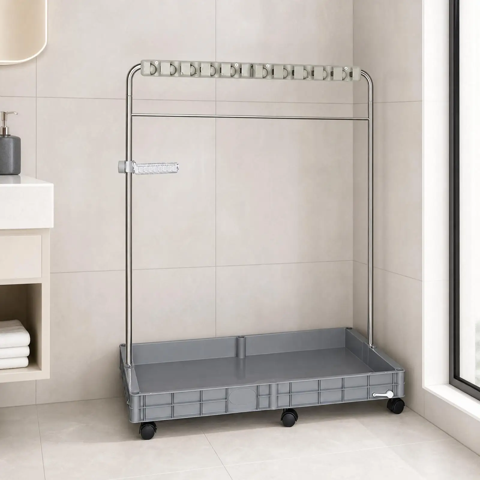 Freestanding Mop and Broom Holder Rack Stainless Steel with Caster Wheels Storage Organizer for Cleaning Supplies in Kitchen