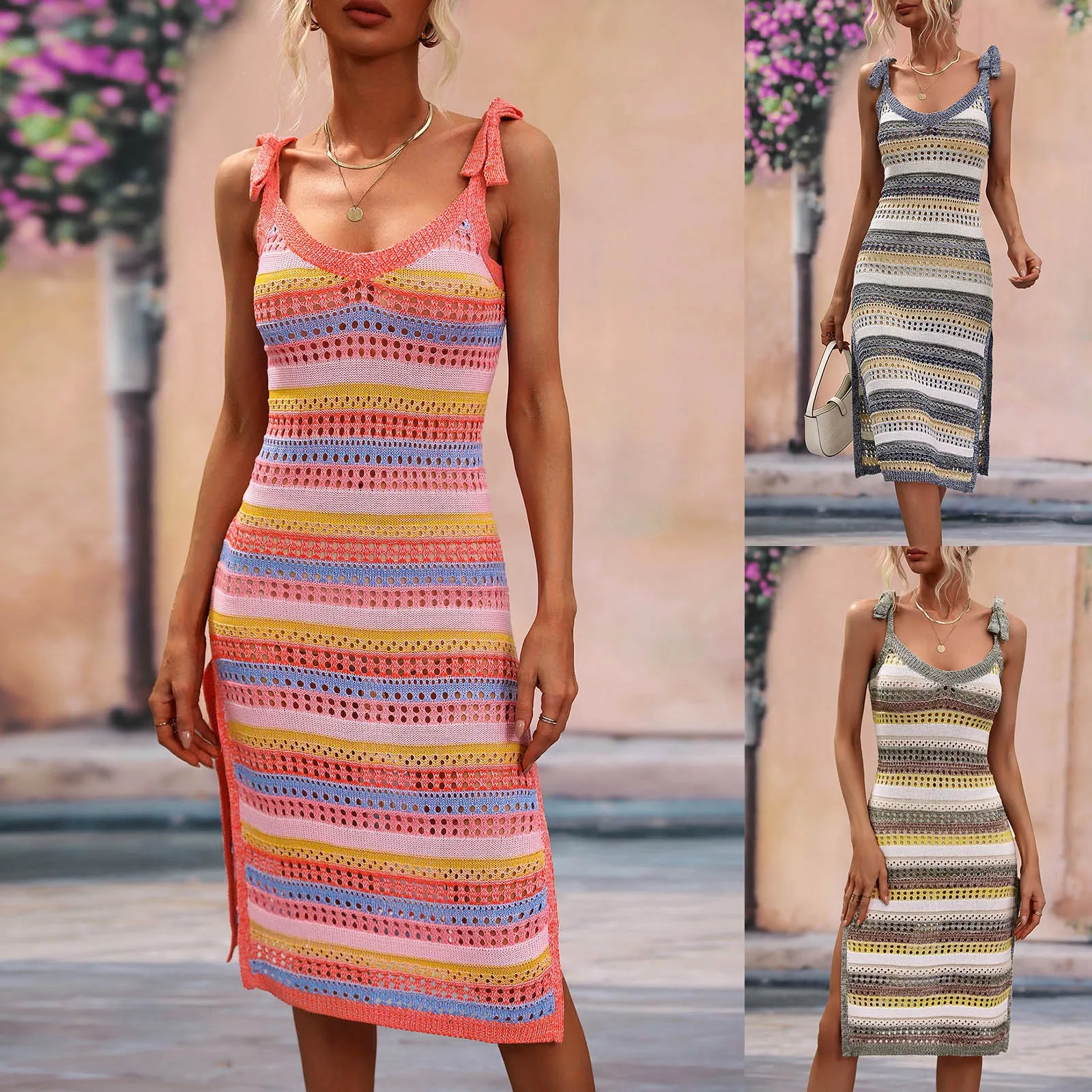 Boho Inspired-vestido a rayas con lazo en el hombro para mujer, vestido de estilo bohemio ahuecado para mujer, vestido de verano 2024