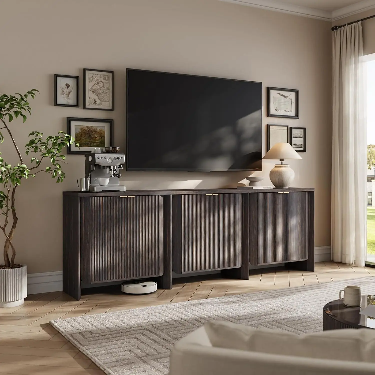 94.5" W Sideboard Buffet Cabinet with Storage, Dark Walnut | Fluted Accent Media Console Cabinet, Mid Century, Customized