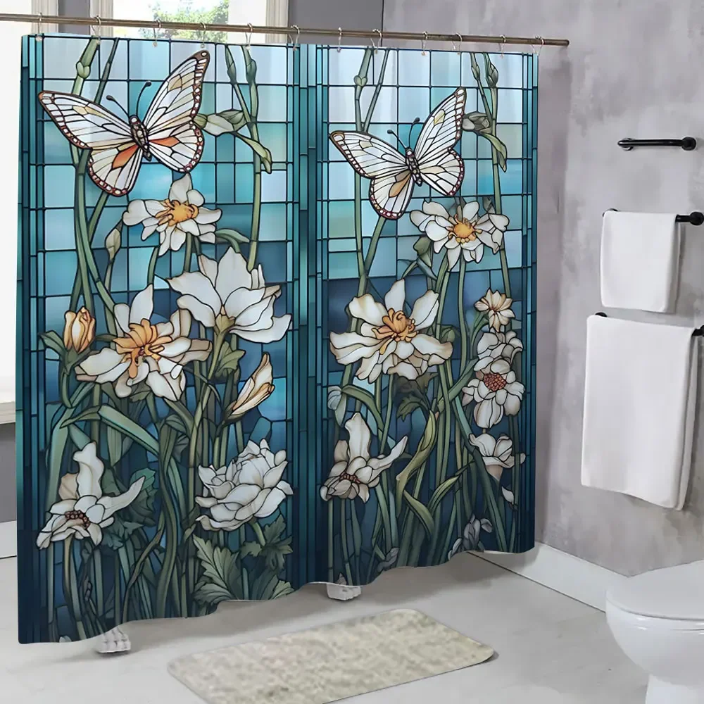 Colourful Glass Meadow Flower Butterfly Print Polyester Fabric Shower Curtain Home Hotel Apartment Bathroom Shower Curtain Decor