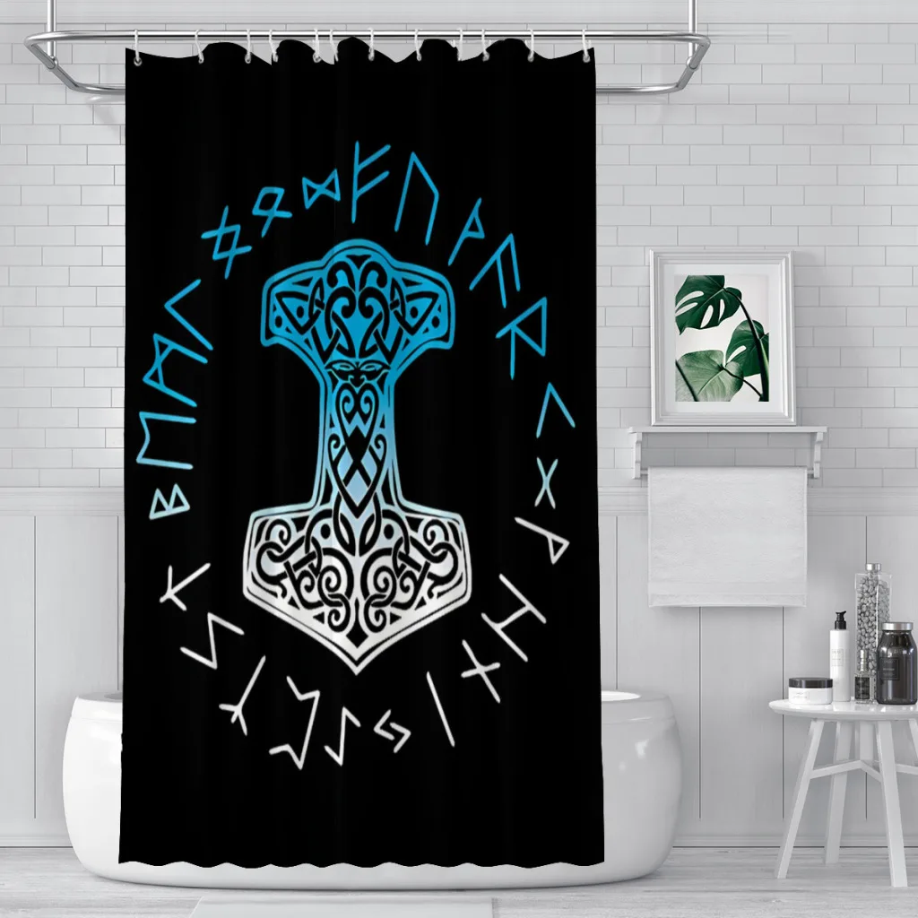 Blue Fade Mjolnir and Runes Bathroom Shower Curtains Norse Mythology Viking Waterproof Partition Curtain Home Decor Accessories