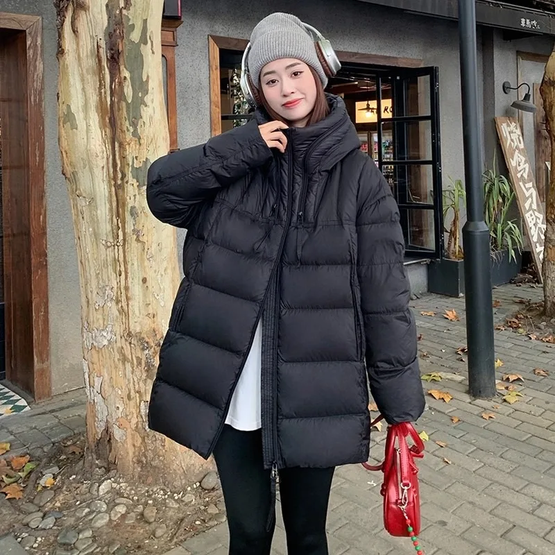 Warm Mid Length Down Jacket Women Double Stand Collar Zipper Oversize Insulated Lightweight Outerwear Trendy Fall Winter