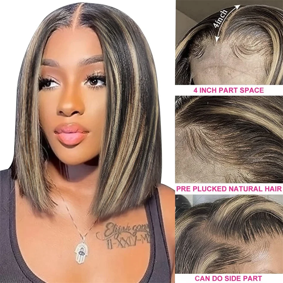 

Highlight Bob Wig Human Hair Wigs Brazilian Straight 13X4 Lace Front Wig For Women Colored Honey Blonde 27 Bob Lace Frontal Wig