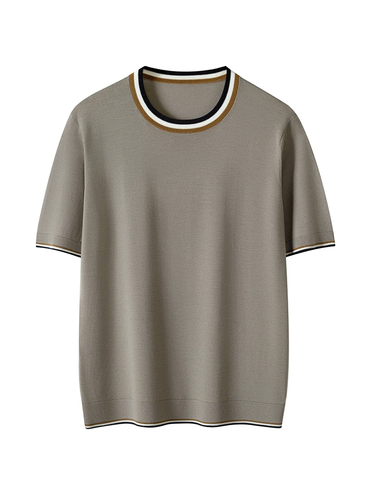 100% Merino Wool Men O-neck Sweater Short Sleeve Pullovers Spring Summer Color Block Smart Casual Cashmere T-shirt Knitwear Tops