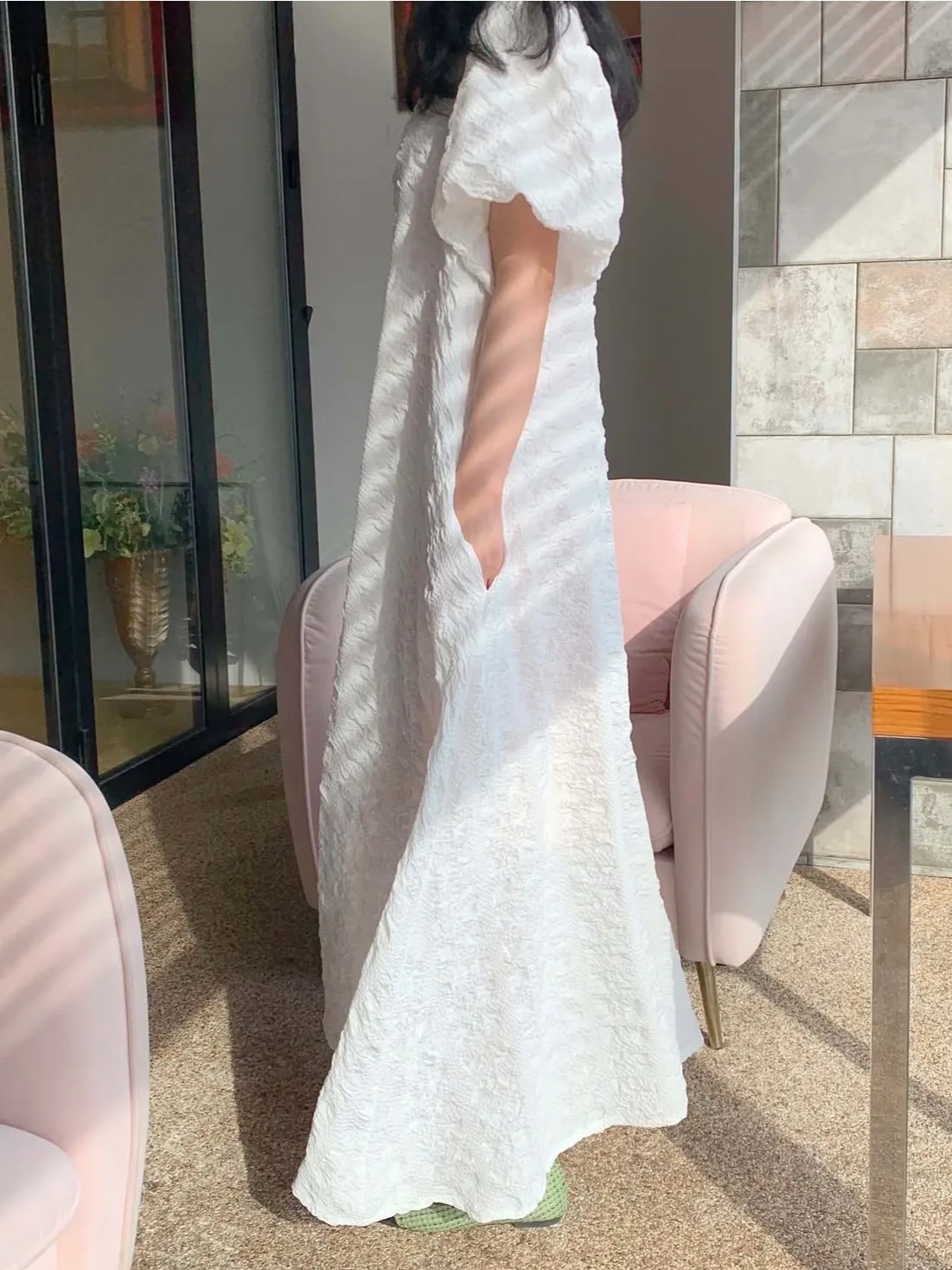 Vestido F Novo Estilo de Verão, Solto, Manga Bufante, Longo, Branco, Textura Amassada, Estilo Casual para Primavera e ...