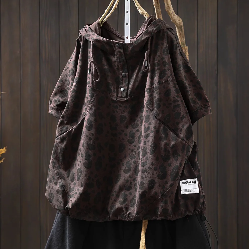 2025 Vintage animal leopard print hoodies for women pullover summer Spain style harajuku fashion short sleeve hooded shirts