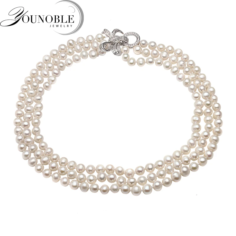 Real Triplet Multi Layered Natural Freshwater Strands Pearl Necklace Women,White Beautiful Choker Necklace Wife Mother Gift