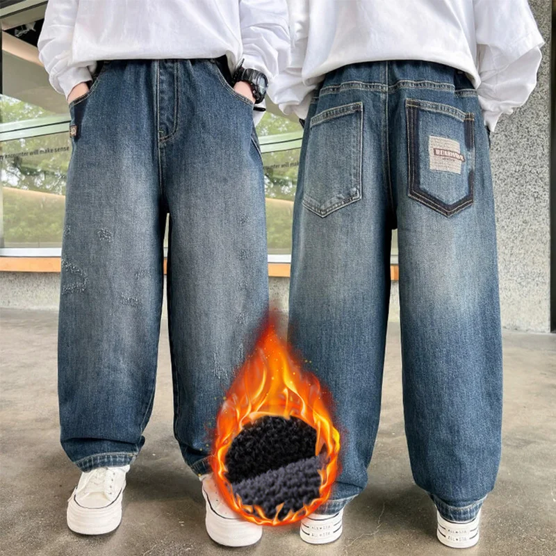 Boys Fashion Embroidery Letters Jeans 5-14 Years Autumn Winter Plush Warm Wide Leg Pants Kids Casual Thickened Denim Trousers