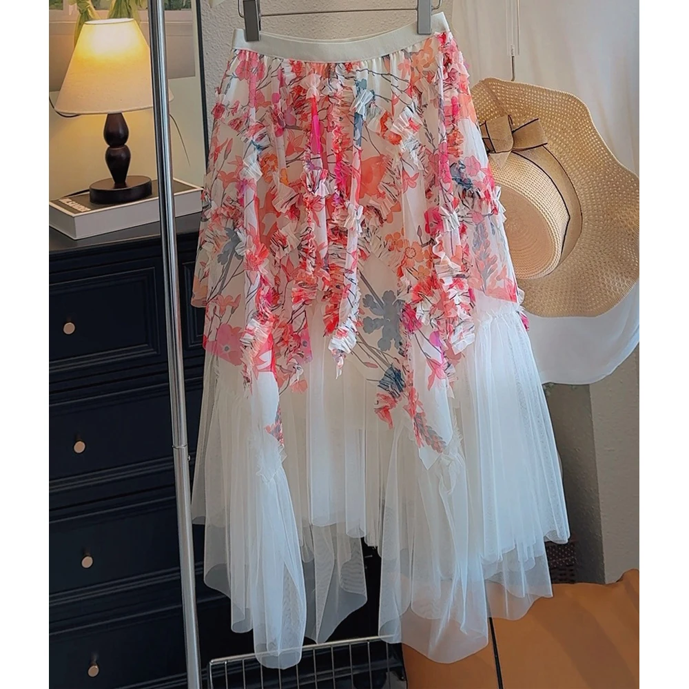 Frauen Sommer Mesh Lange Röcke Hohe Taille Blume Drucken Patchwork Boho Rock Unregelmäßigen Saum Röcke Faldas Femme Streetwear