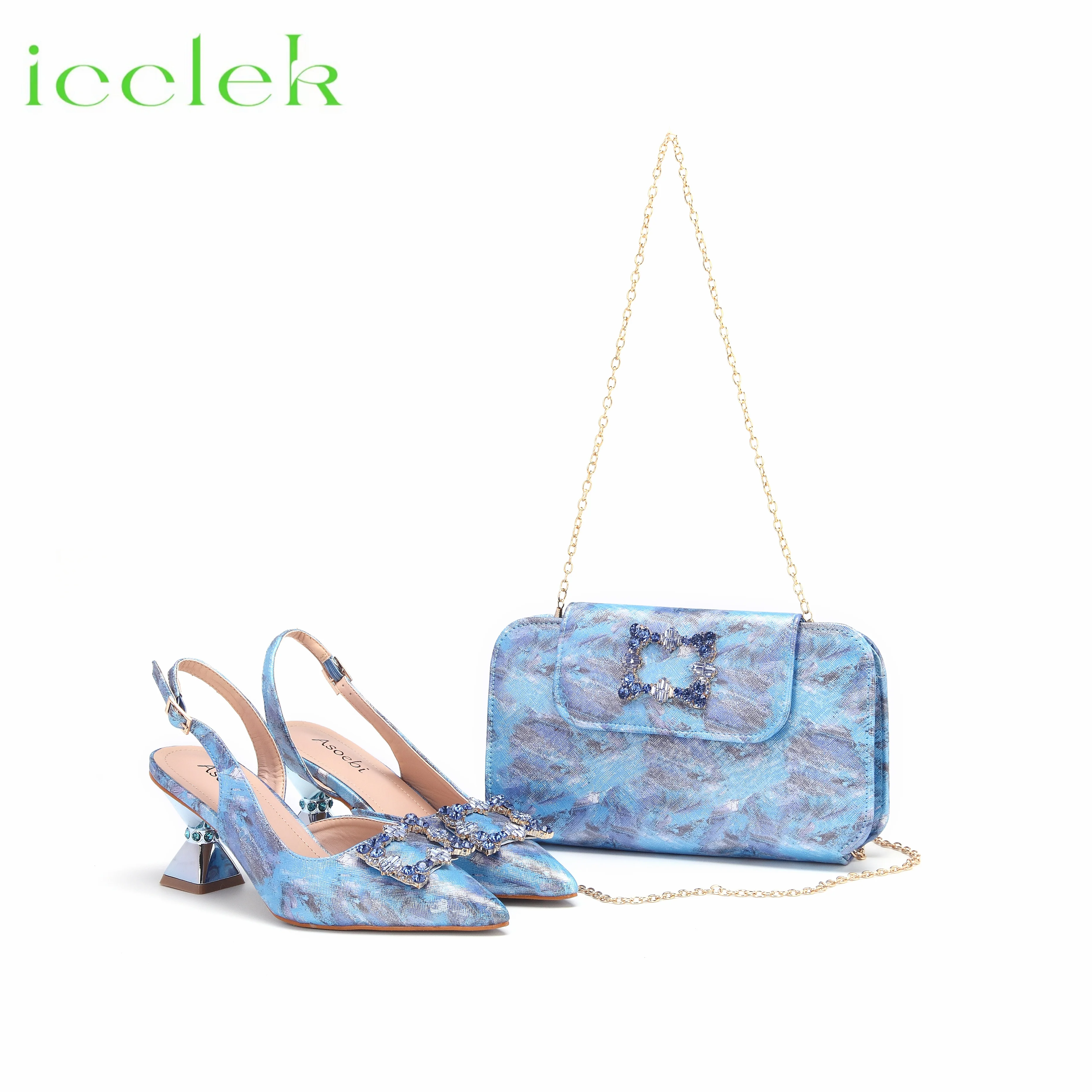 High Quality Hot Selling Pointed Toe Painting Deisgn Ladies Shoes Matching Bag Set in Sky Blue For Party