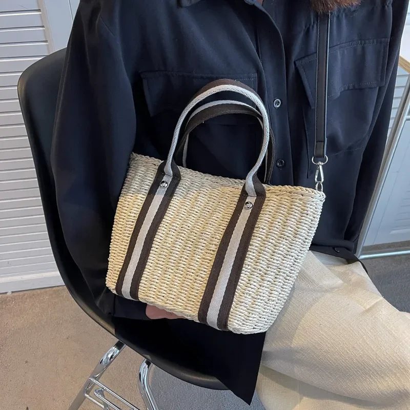 Sac fourre-tout d'été en paille tressé à la main, grande capacité, polyvalent, sac à bandoulière oblique pour femme