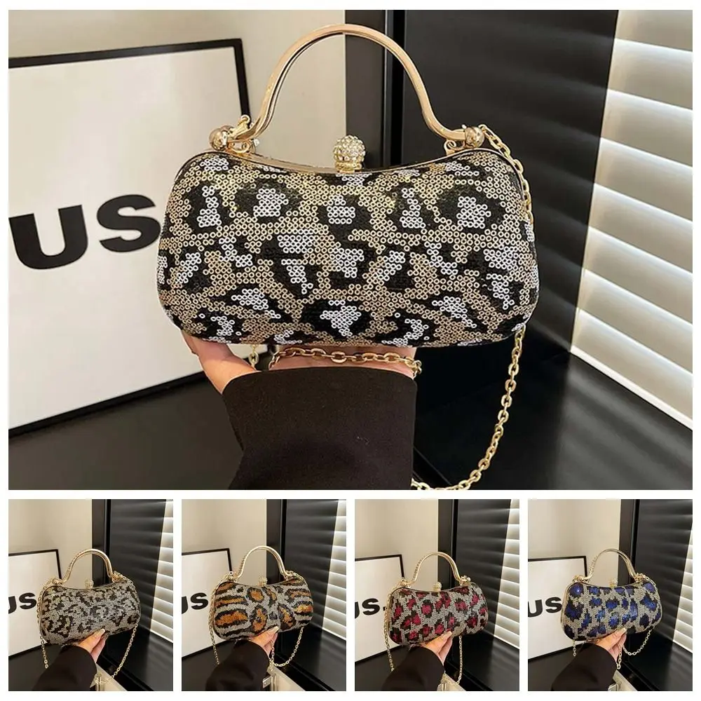 Bolso portátil para banquete de noche con estampado de leopardo, bolso de mano con purpurina brillante para mujer, bolso de mano con caja de poliéster de cuero PU para niñas