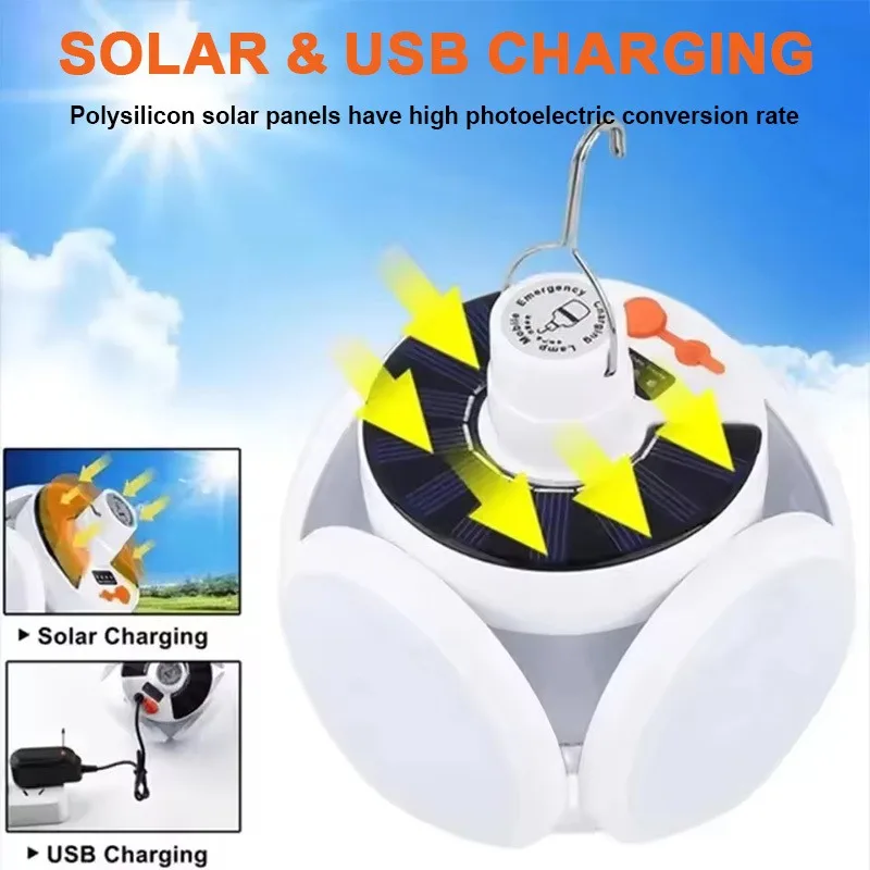 Solar Foldable Handheld Light Bright LED Torch Hook Design Adjustable Angle Lamp for Tent Fishing Hiking Indoor Lighting