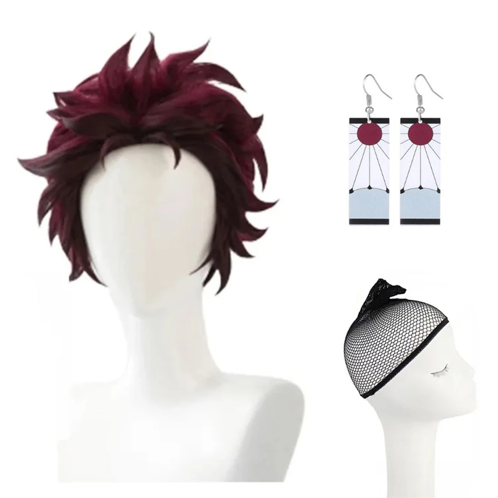 Dämonentöter Tanjiro Kamado, kurzes kastanienbraunes hitzebeständiges Haar, Cosplay-Perücke, synthetisch