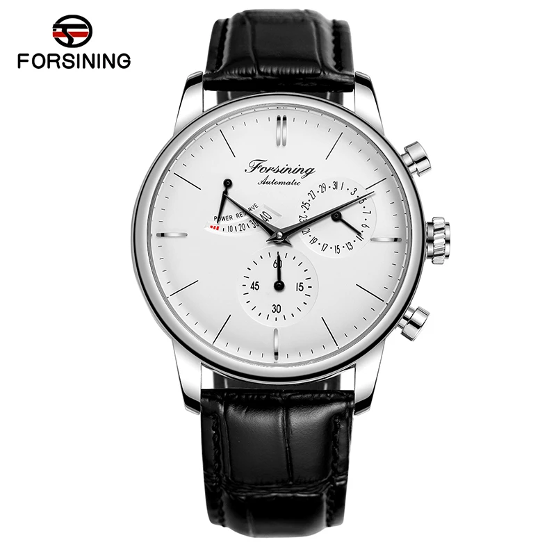 FOSINING Automatic Watch with Power Reserve Indicator Auto Date Mechanical Male Clock Leather Belt Dress Wristwatch Gift for Men