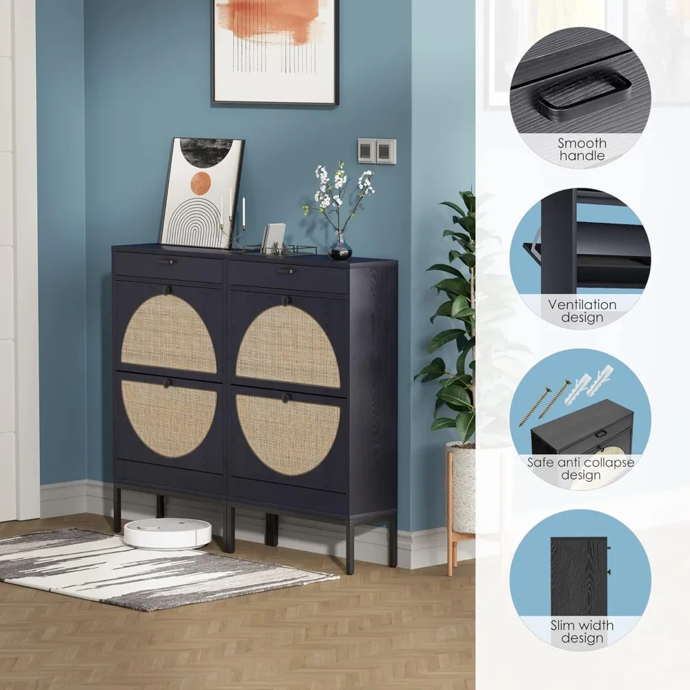 

Shoe Cabinet, Shoe Rack Storage Organizer with 2 Flip Drawers, Natural Rattan Weave Shoe Storage Cabinet for, Customized