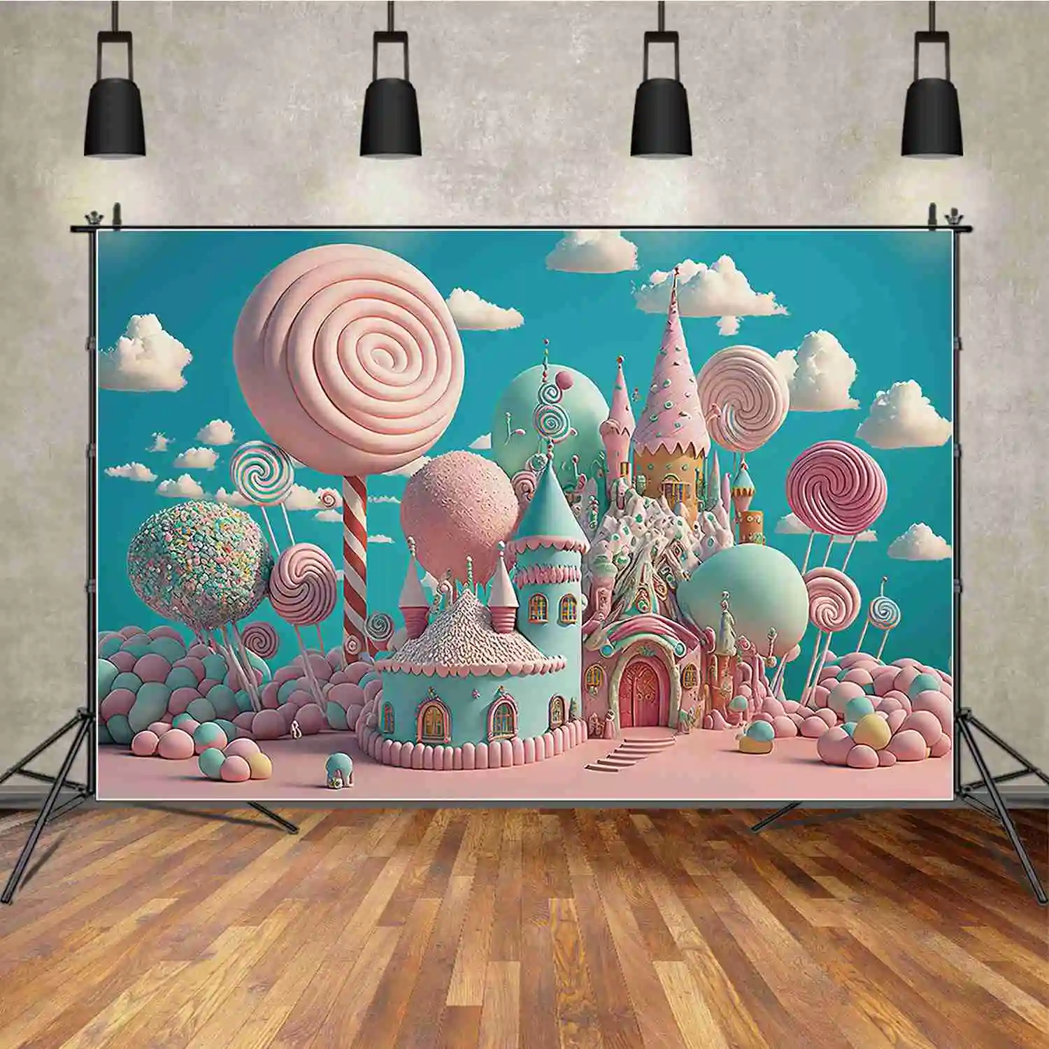 MOON.QG Candyland Candy Bar Birthday Photocall Backdrop Cake Lollipop Donut Castle Mountain Background Baby Party Shooting Prop