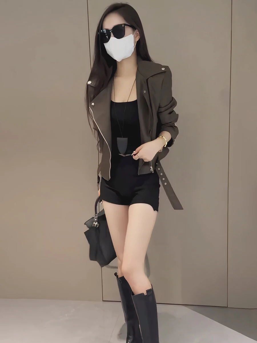 Retro Workwear lub Kurtka ze skóry PU Damska Wiosna 2026 Nowa Elegancka Luźna Uniwersalna Uliczna Bluzka Zapinana na Zamek