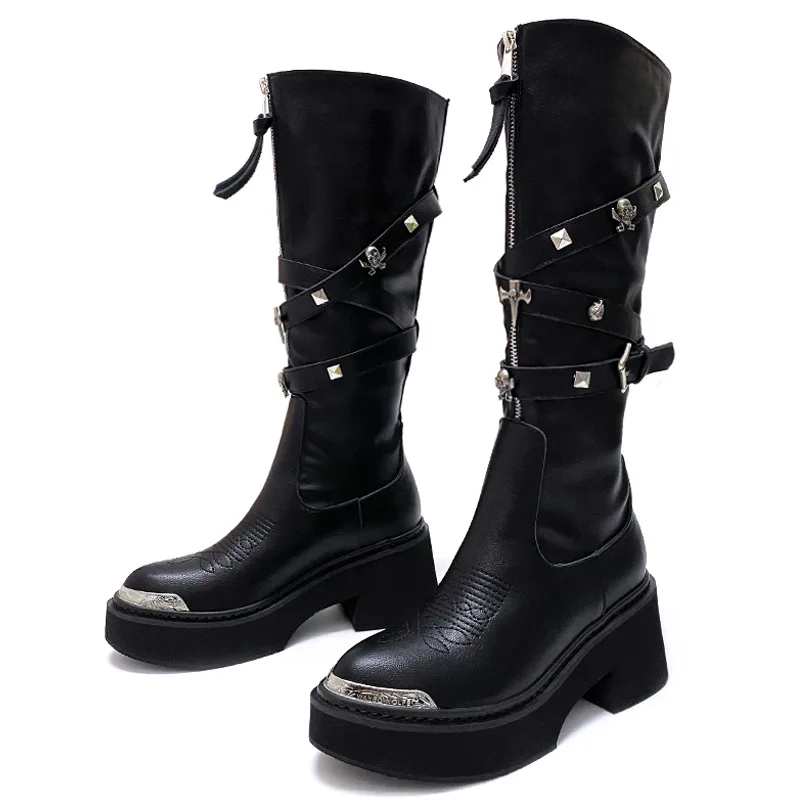 

Punk Gothic Platform Knee High Boots for Women Metal Toe Buckle Strap Chunky Heel Women Motorcycle Combat Boots Botas Para Mujer