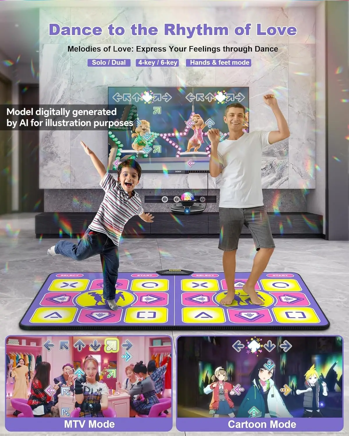 2 Player Flannel Dance Mat for TV, Family Game, Gift for All Ages