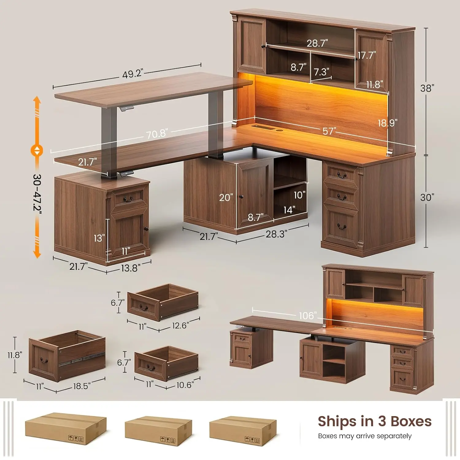 L Shaped Electric Standing Desk Hutch 4 Drawers 106